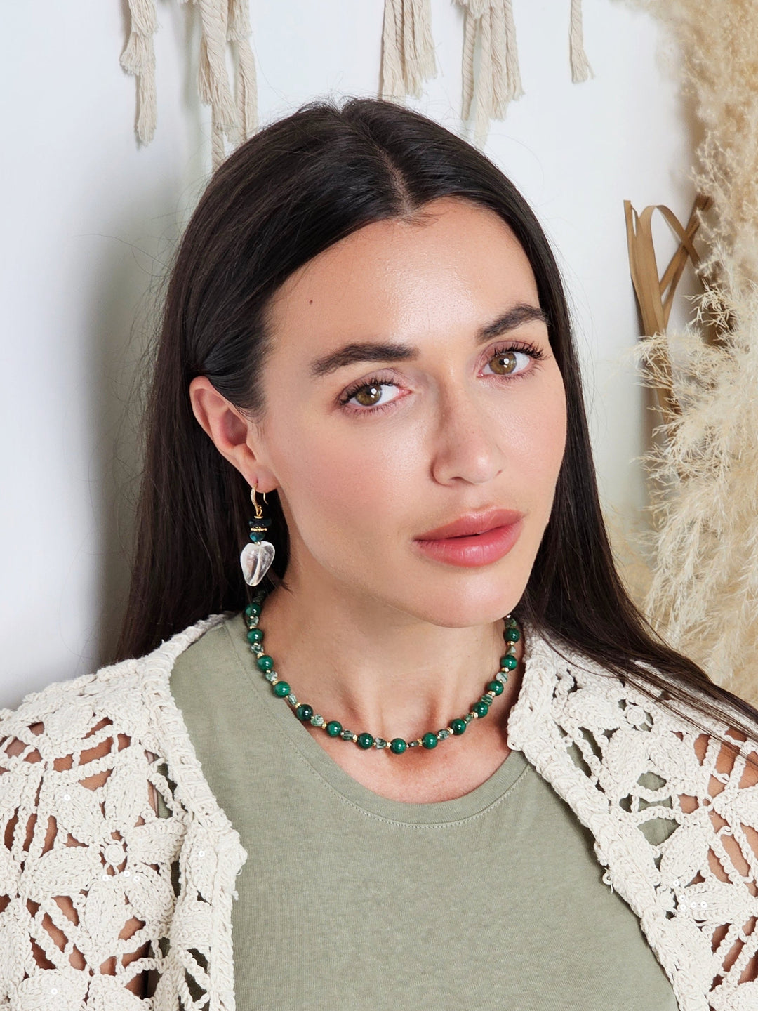 Heart Shaped White Quartz With Green Bamboo Coral Earrings QE011