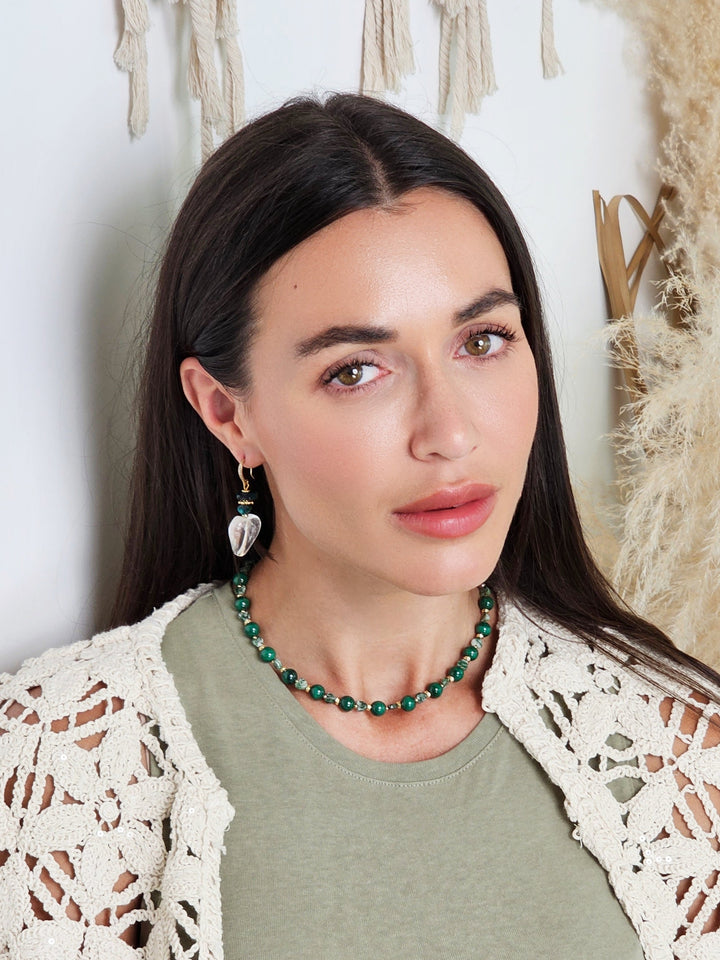 Heart Shaped White Quartz With Green Bamboo Coral Earrings QE011