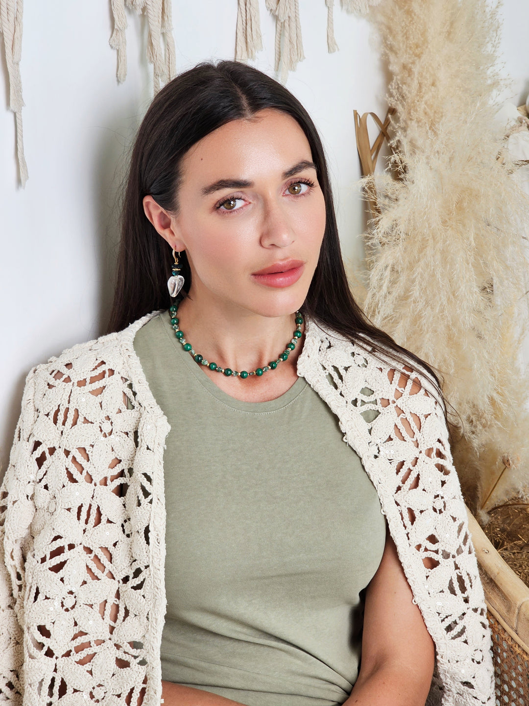 Green Malachite With Heart Shape Agate Choker Necklace QN018
