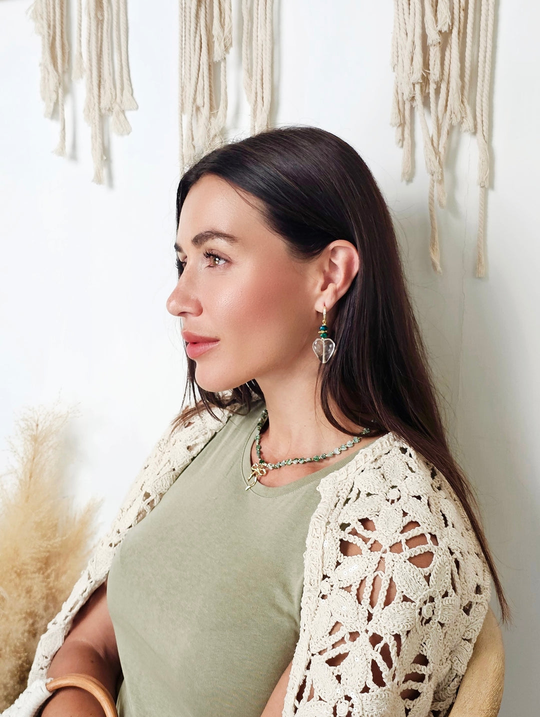 Heart Shaped White Quartz With Green Bamboo Coral Earrings QE011