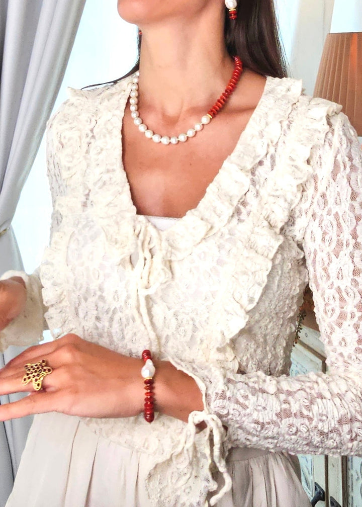 Red Bamboo Coral With Freshwater Pearls Necklace QN034