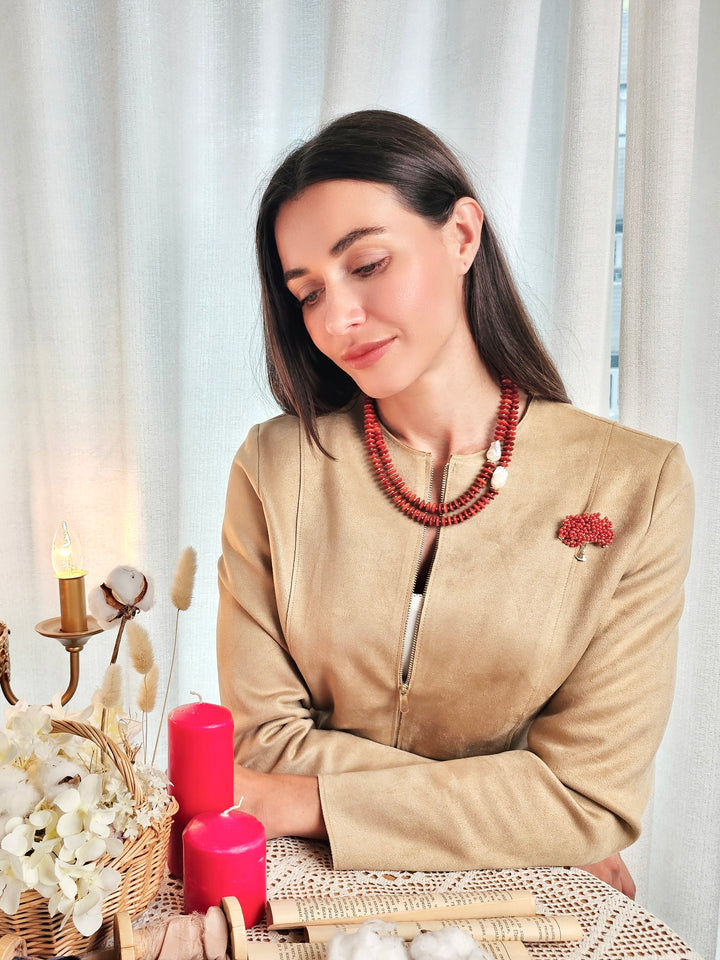 Sophisticated Red Bamboo Coral With Baroque Pearls Double Necklace QN035