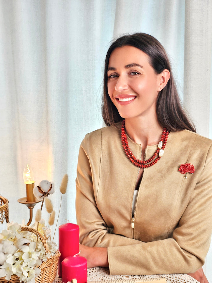 Sophisticated Red Bamboo Coral With Baroque Pearls Double Necklace QN035