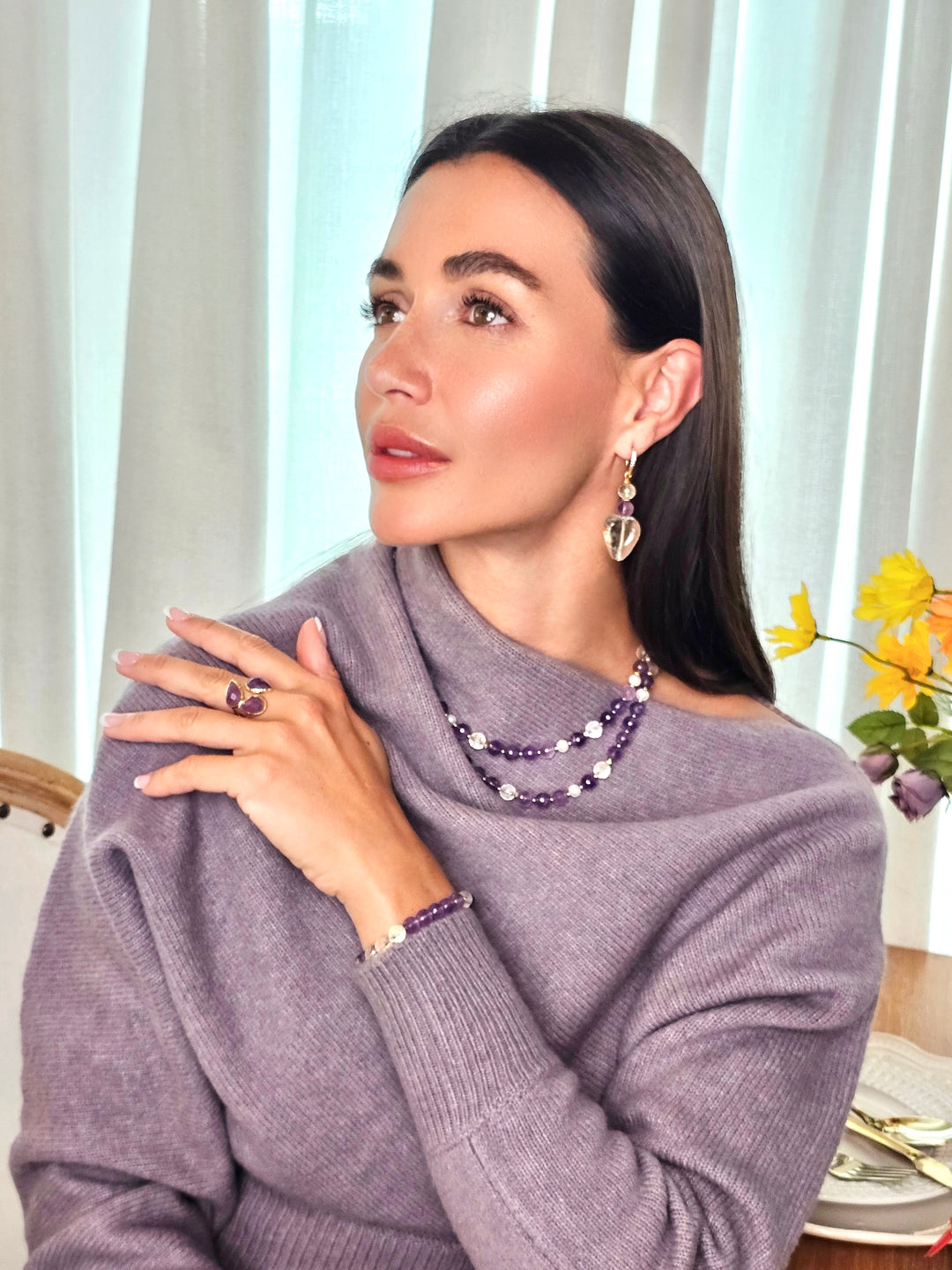 Amethyst With White Quartz Double Layers Necklace QN027