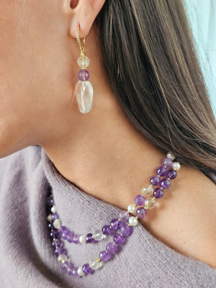 Amethyst With White Quartz Double Layers Necklace QN027