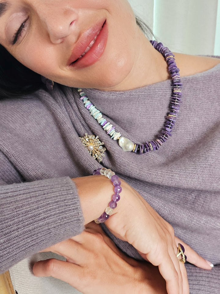 Vibrant Purple Charoite and Colorful Shell with Baroque Pearl Necklace QN023