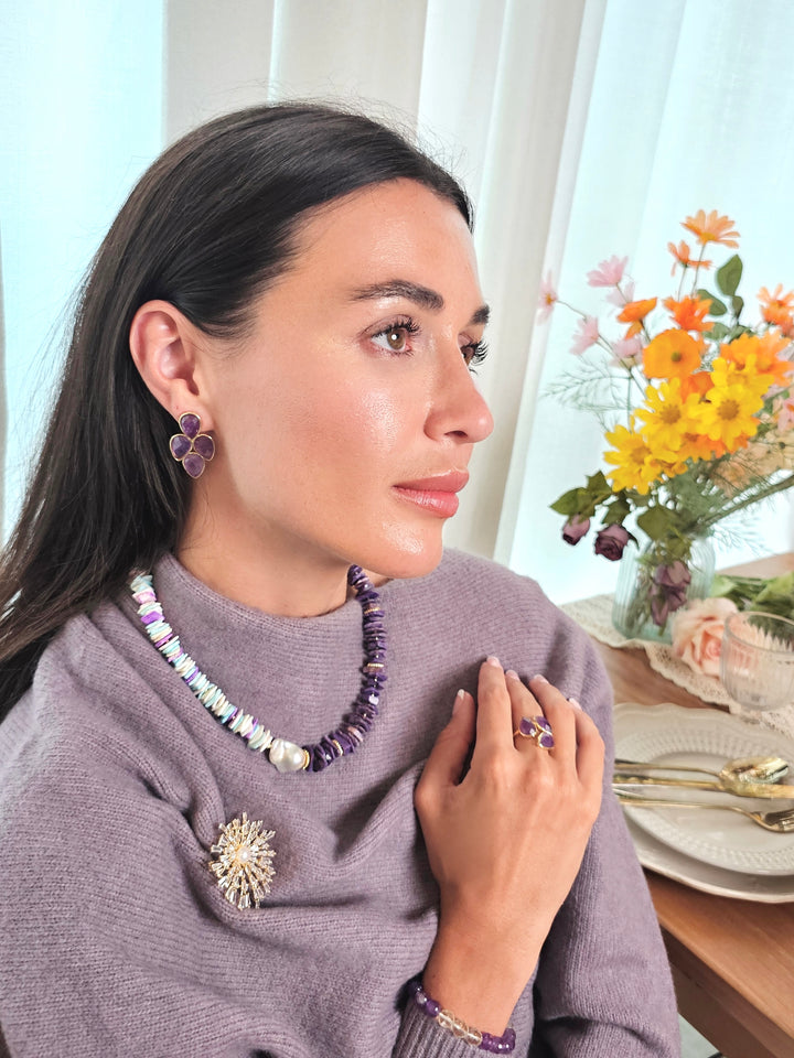 Vibrant Purple Charoite and Colorful Shell with Baroque Pearl Necklace QN023