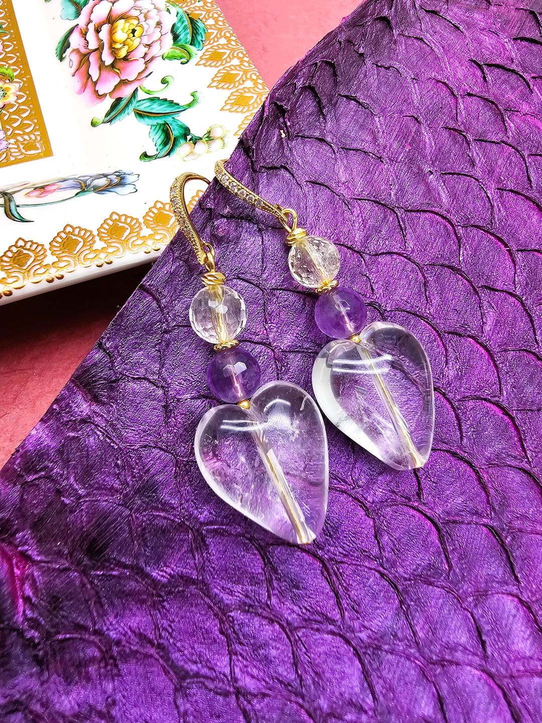 Heart Shaped White Quartz With Amethyst Earrings QE014