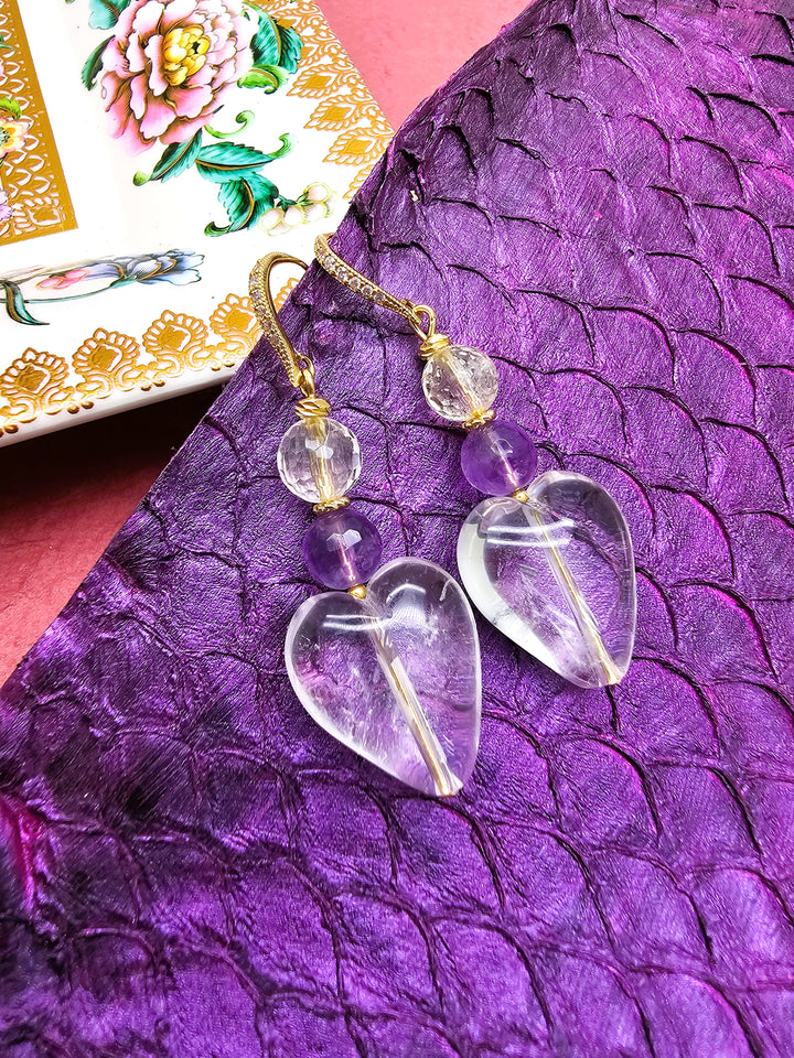 Heart Shaped White Quartz With Amethyst Earrings QE014