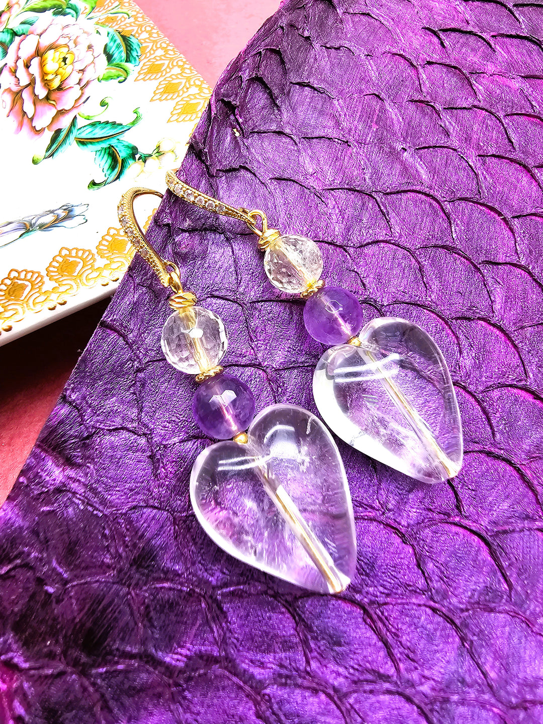 Heart Shaped White Quartz With Amethyst Earrings QE014