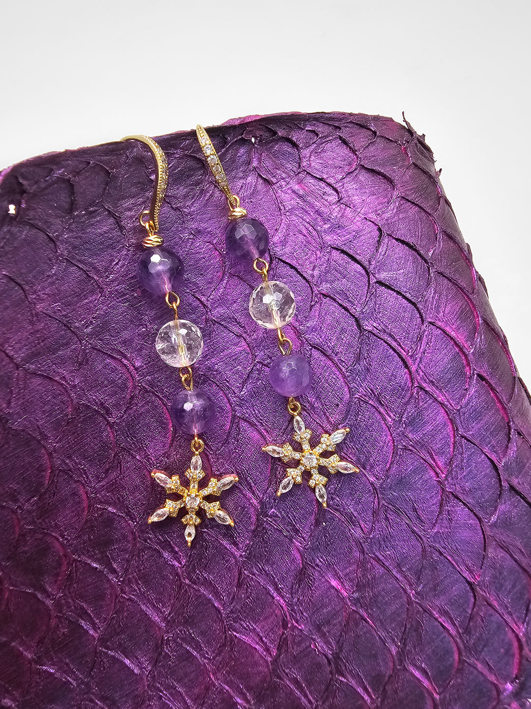 Amethyst And White Quartz With Snowflake Dangle Earrings QE013