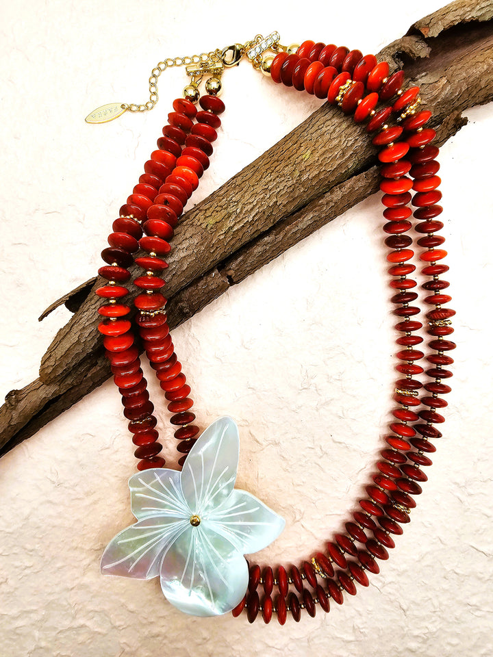 Elegant Red Bamboo Coral With Flower Shell Double Layers Necklace QN036