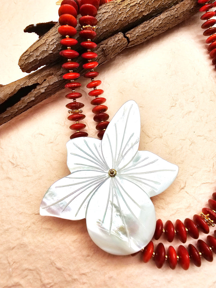 Elegant Red Bamboo Coral With Flower Shell Double Layers Necklace QN036