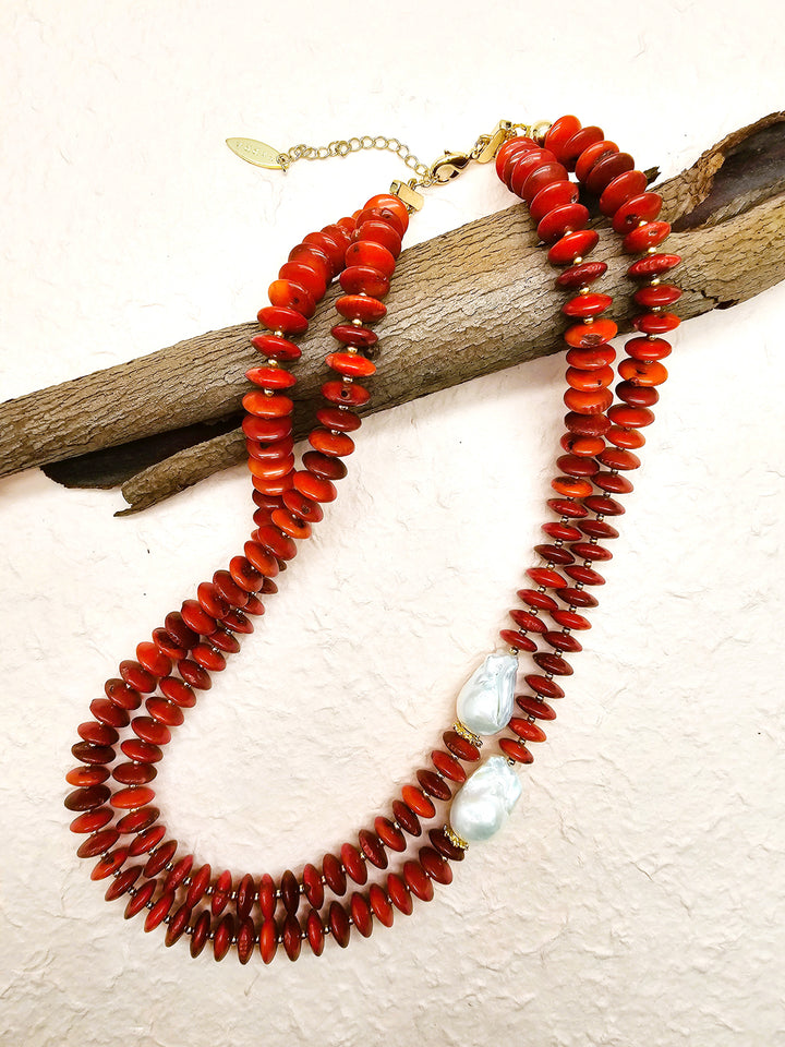 Sophisticated Red Bamboo Coral With Baroque Pearls Double Necklace QN035