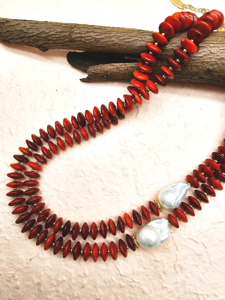 Sophisticated Red Bamboo Coral With Baroque Pearls Double Necklace QN035
