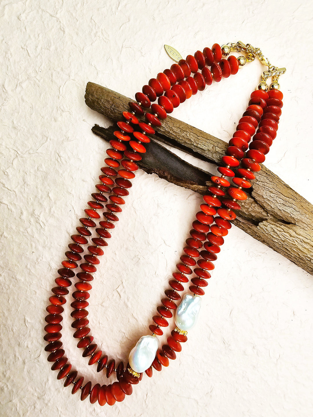 Sophisticated Red Bamboo Coral With Baroque Pearls Double Necklace QN035