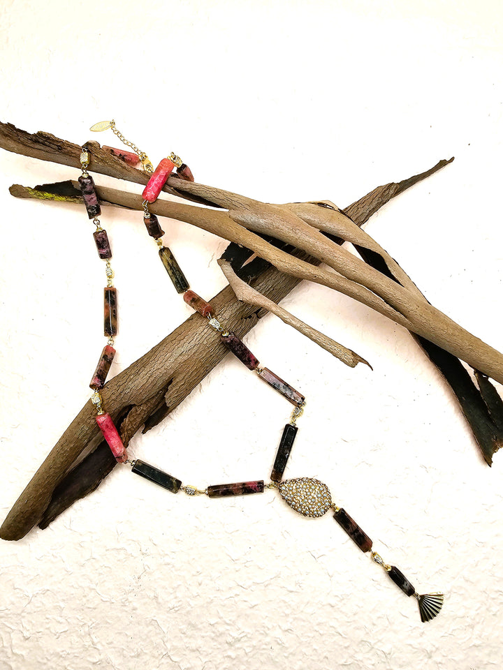Elegant Y-Shaped Red Rhodonite Necklace with Tassel Accents QN037