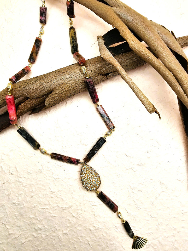 Elegant Y-Shaped Red Rhodonite Necklace with Tassel Accents QN037