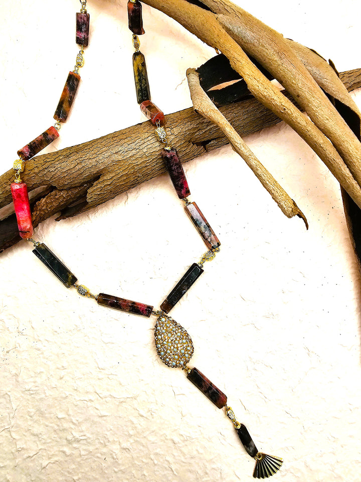 Y Shaped Tiger-eye Stone With Rhinestone Tassel Necklace QN008