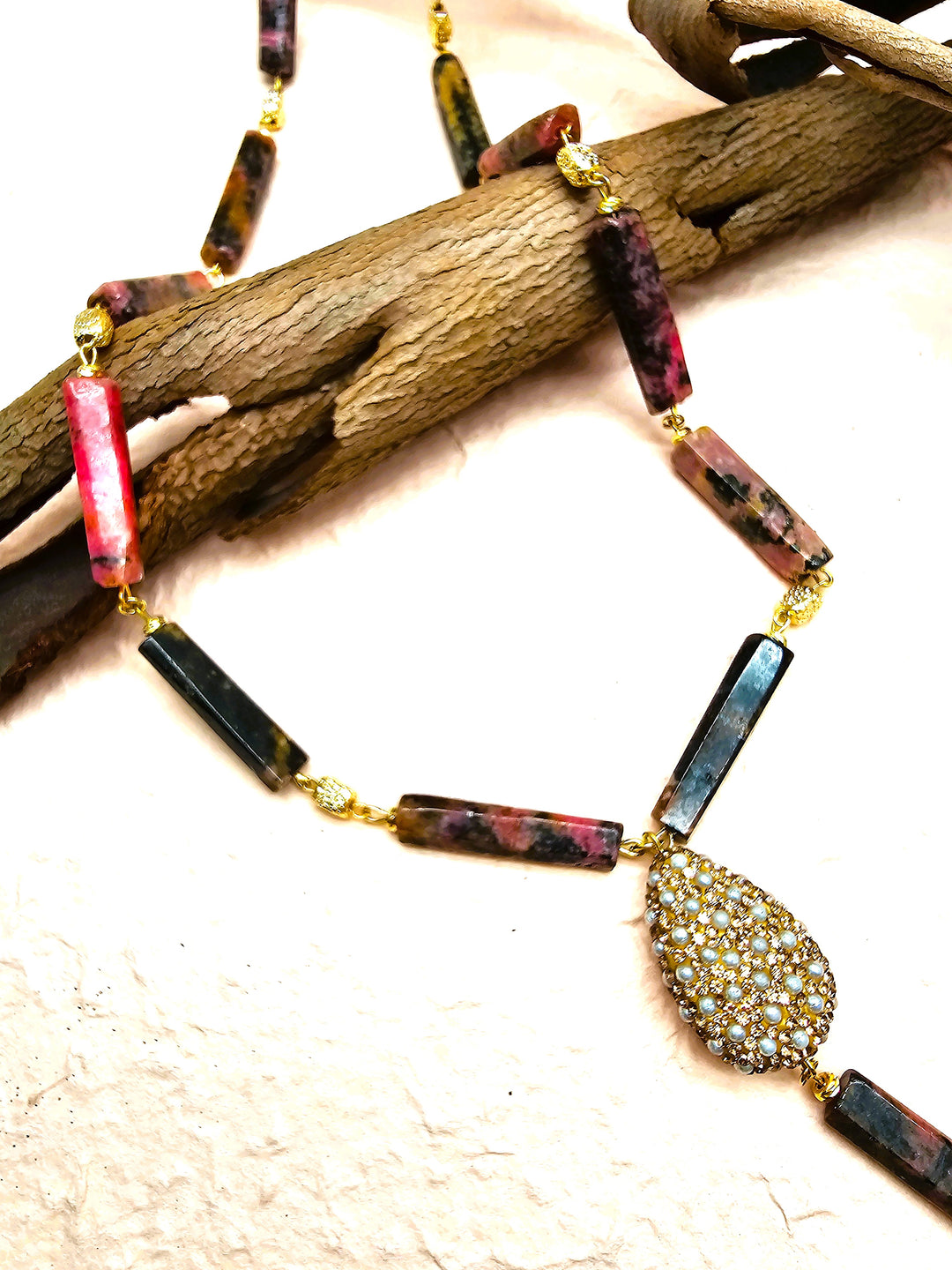 Y Shaped Tiger-eye Stone With Rhinestone Tassel Necklace QN008