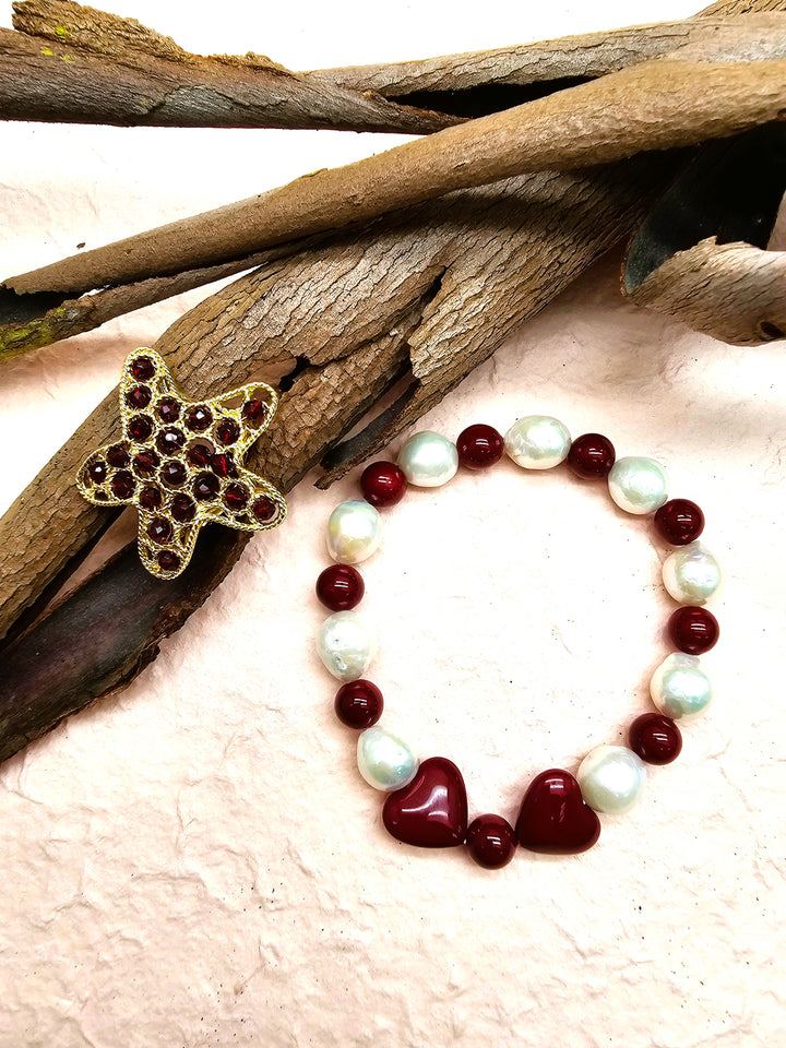Freshwater Pearl With Red Heart Bowknot Bracelet QB016