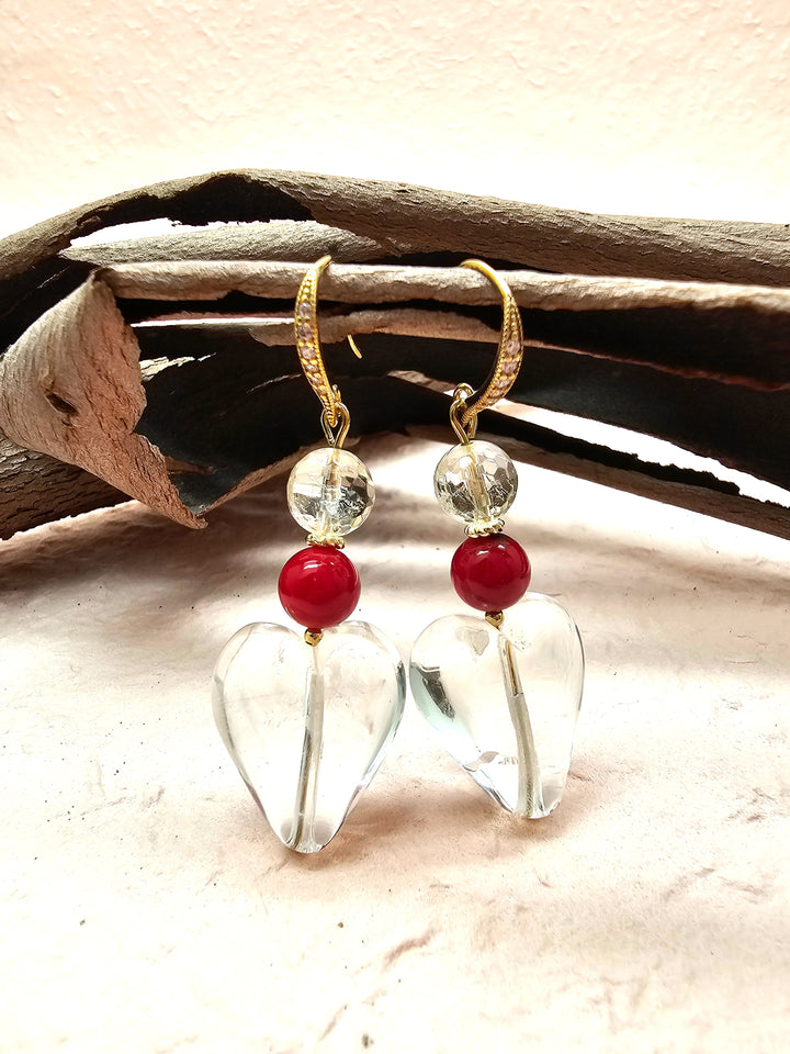 Heart White Quartz With Red Bamboo Coral Earrings QE021