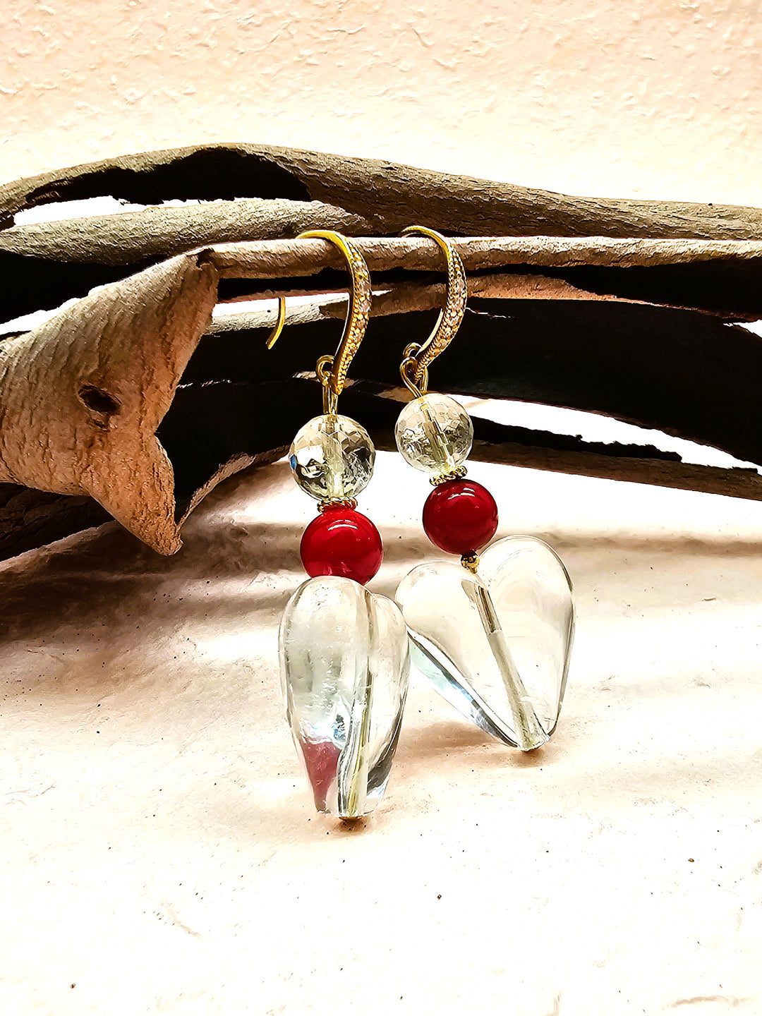 Heart White Quartz With Red Bamboo Coral Earrings QE021