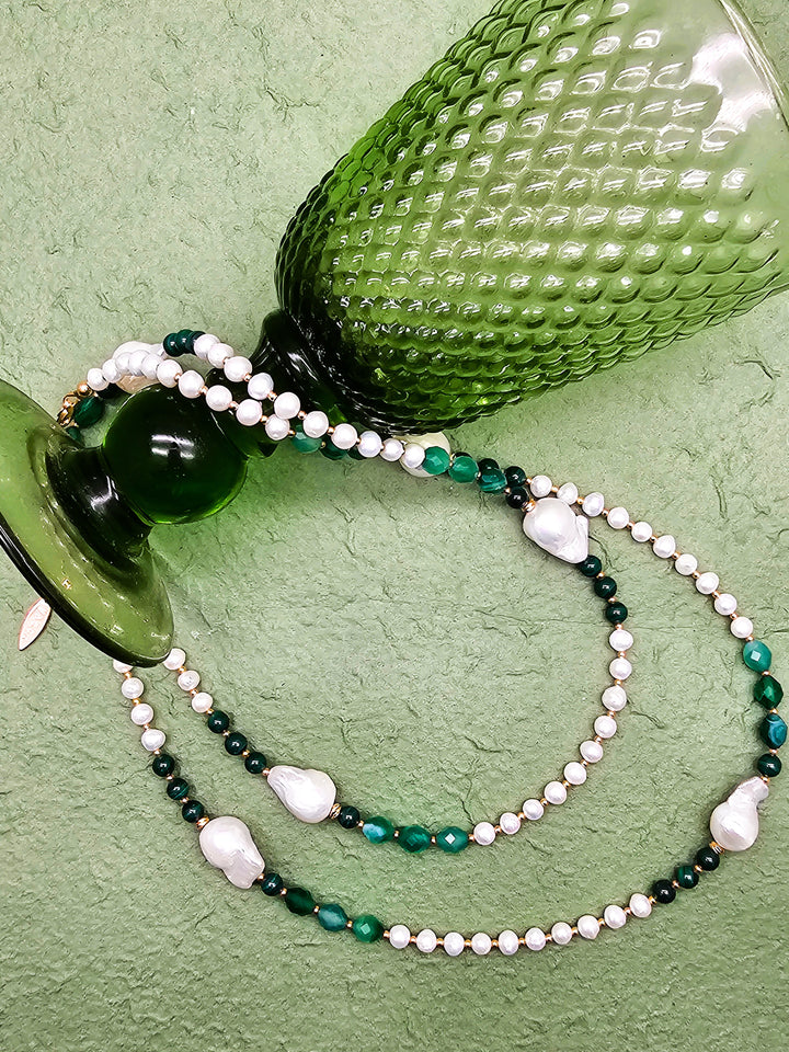 Baroque Pearls With Green Gemstone Long Necklace QN022