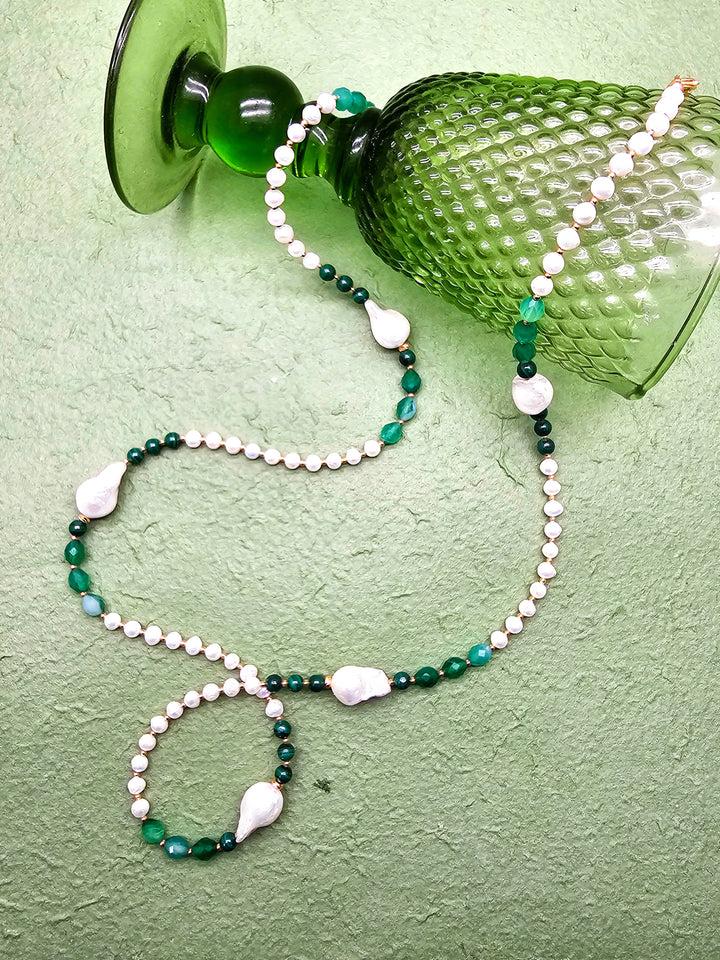 Baroque Pearls With Green Gemstone Long Necklace QN022
