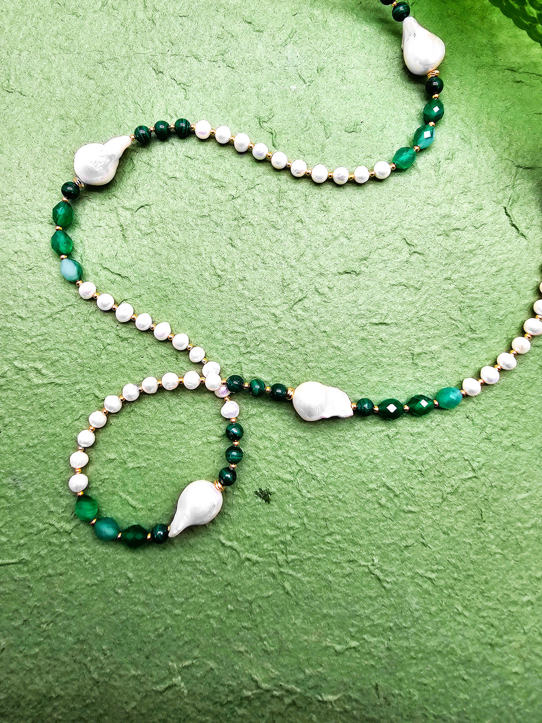 Baroque Pearls With Green Gemstone Long Necklace QN022
