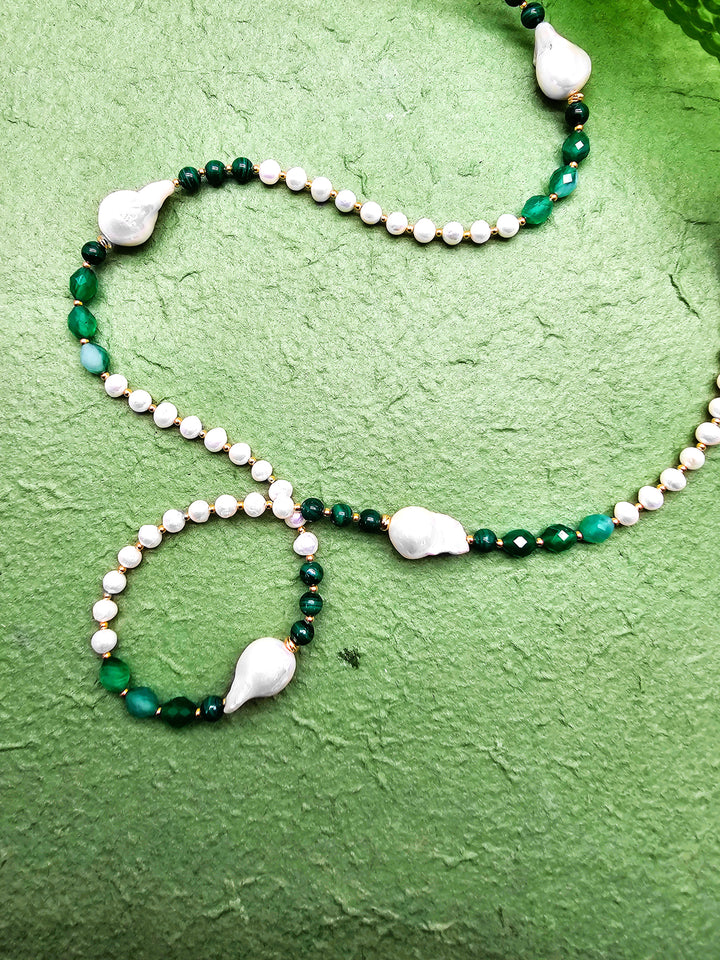 Baroque Pearls With Green Gemstone Long Necklace QN022