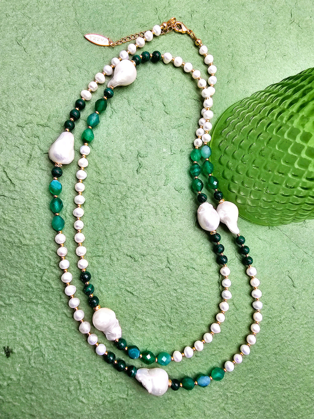 Baroque Pearls With Green Gemstone Long Necklace QN022