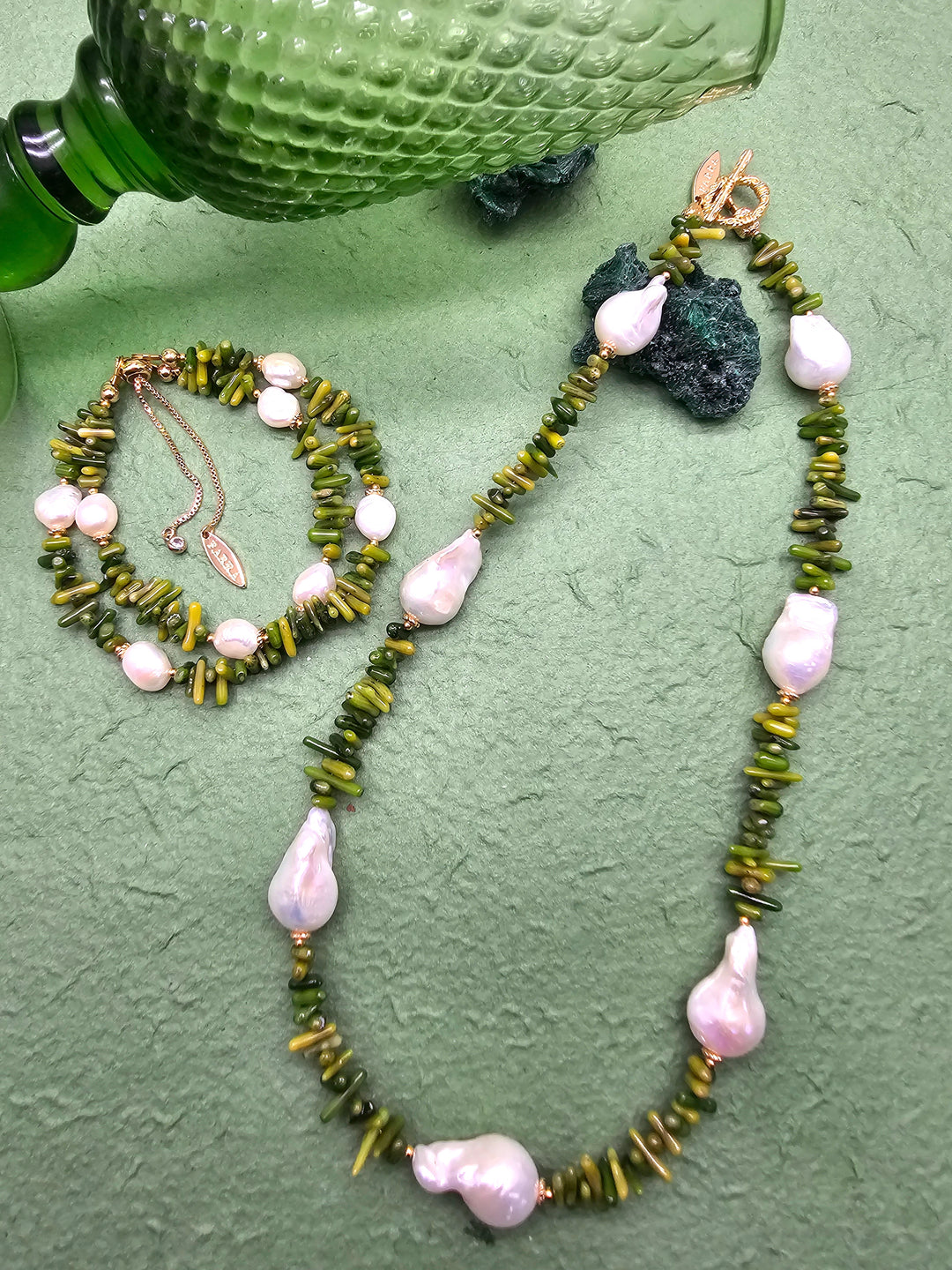 Green Bamboo Coral with Baroque Pearls Necklace QN011