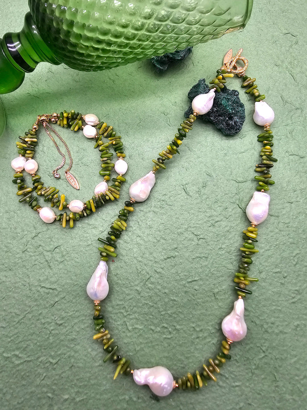 Green Bamboo Coral with Baroque Pearls Necklace QN011