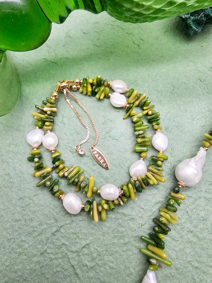 Green Bamboo Coral With Freshwater Pearls Double Layers Bracelet QB004