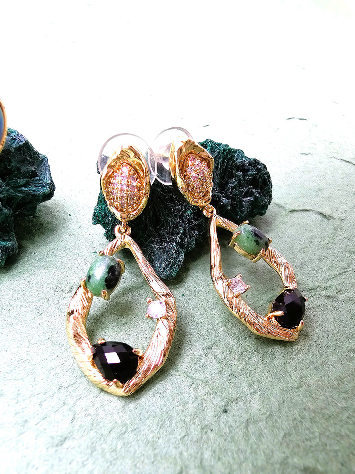 Elegant Green Epidote and Black Agate Drop Earrings QE012