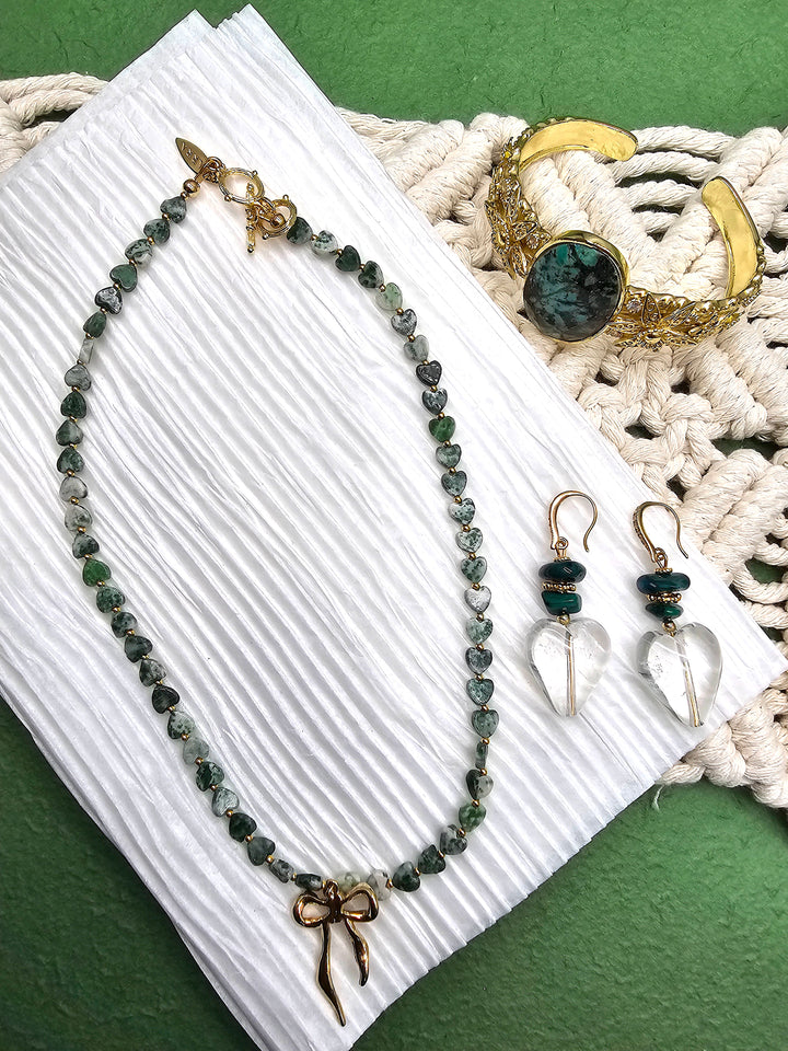 Heart Shaped White Quartz With Green Bamboo Coral Earrings QE011