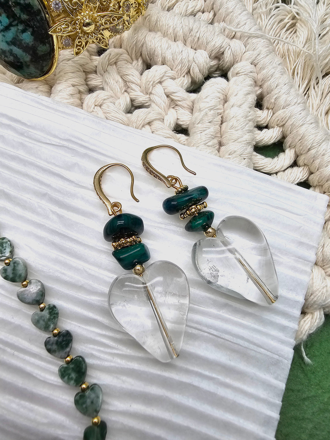 Heart Shaped White Quartz With Green Bamboo Coral Earrings QE011