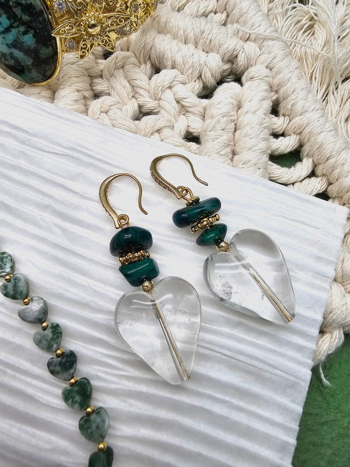 Heart Shaped White Quartz With Green Bamboo Coral Earrings QE011