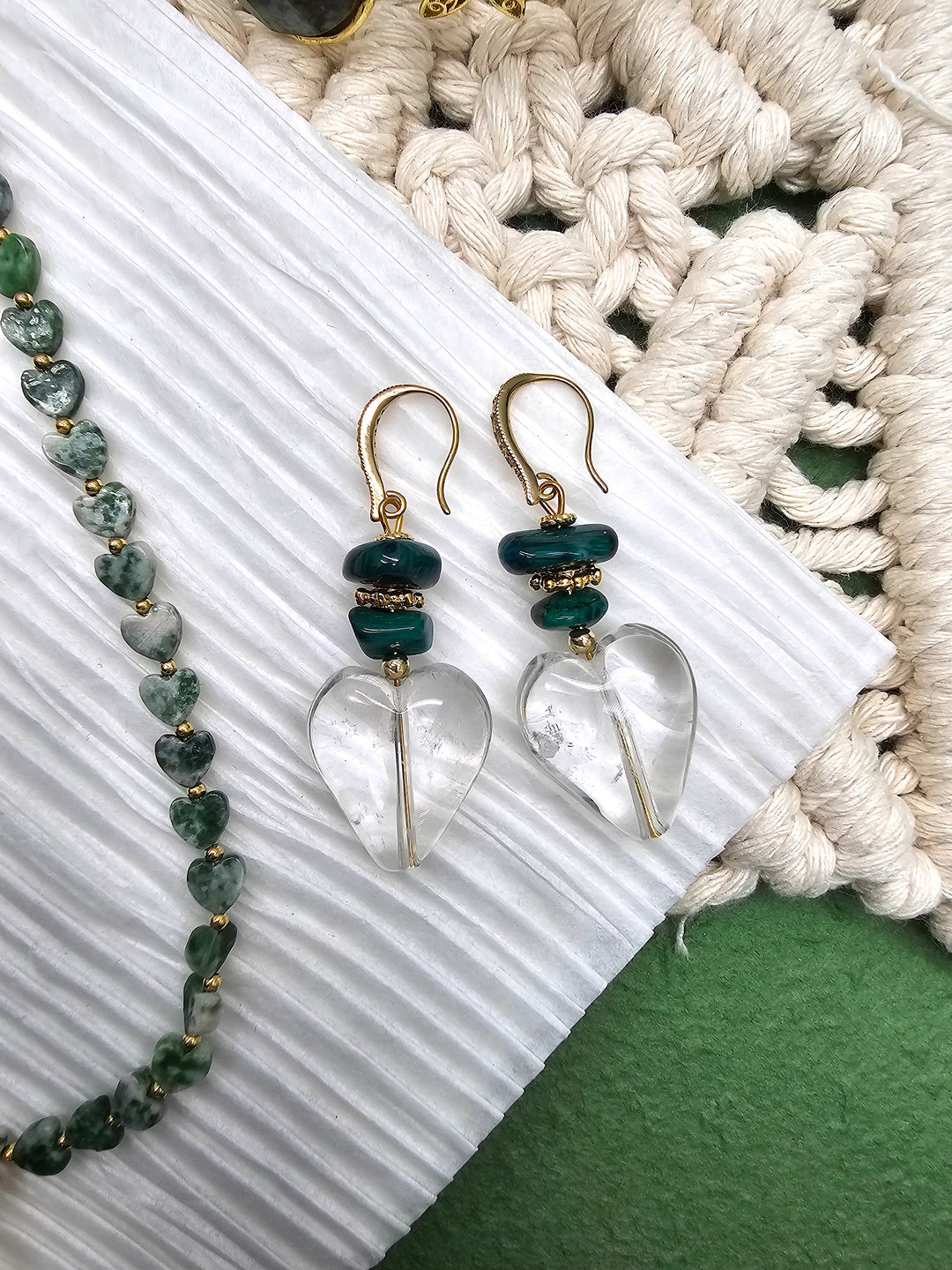 Heart Shaped White Quartz With Green Bamboo Coral Earrings QE011