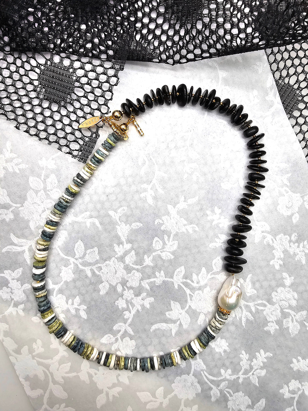 Black Tourmaline And Shells With Baroque Pearl Necklace QN042