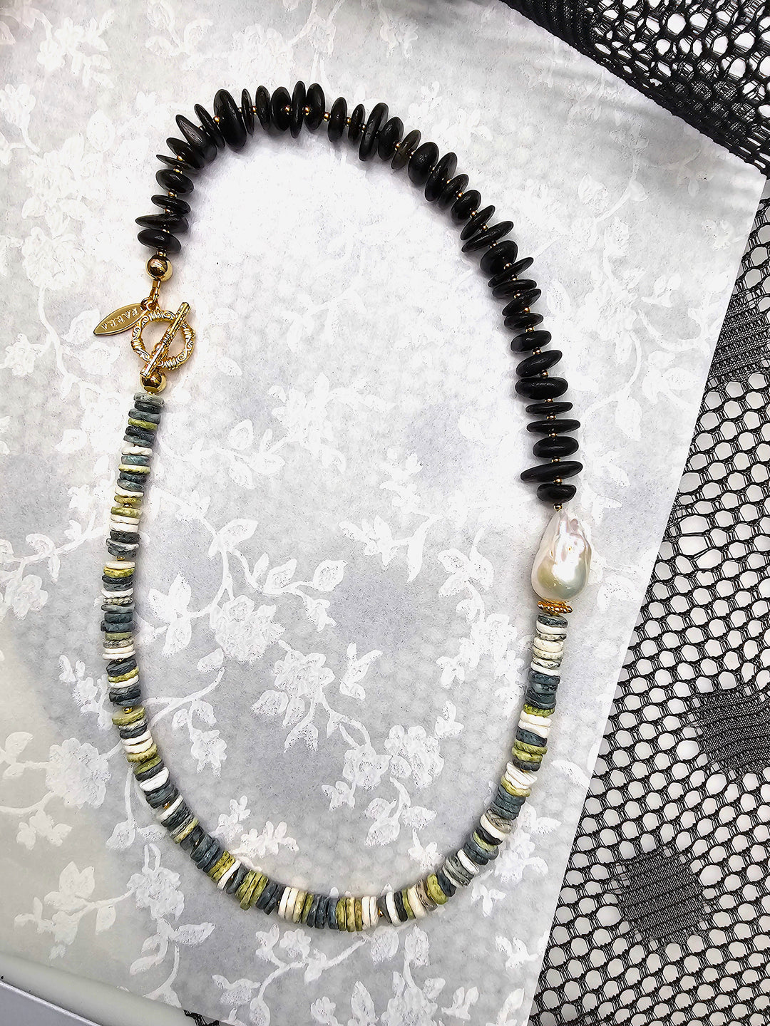 Black Tourmaline And Shells With Baroque Pearl Necklace QN042