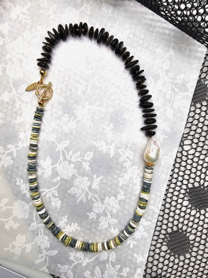 Black Tourmaline And Shells With Baroque Pearl Necklace QN042