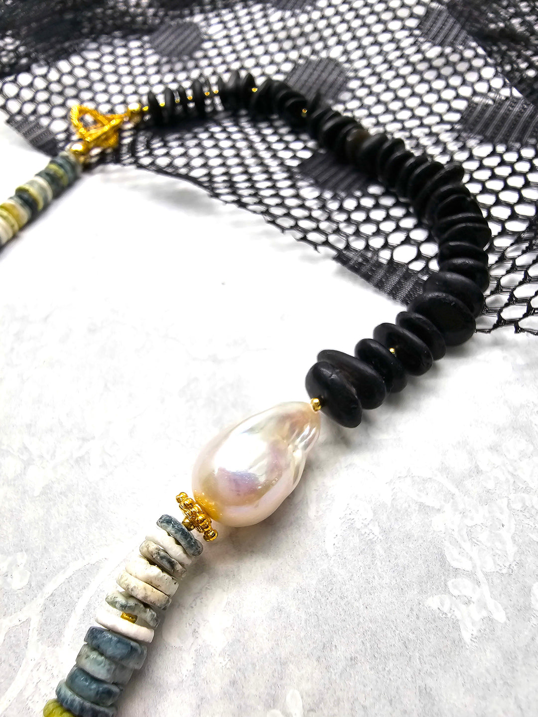 Timeless Black Tourmaline And White Freshwater Pearls Necklace QN039