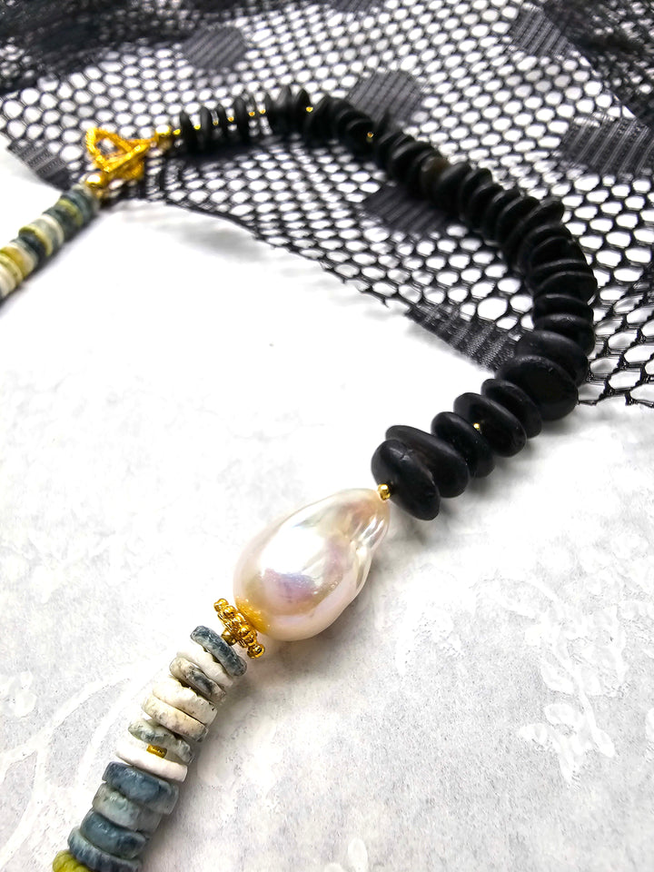Timeless Black Tourmaline And White Freshwater Pearls Necklace QN039
