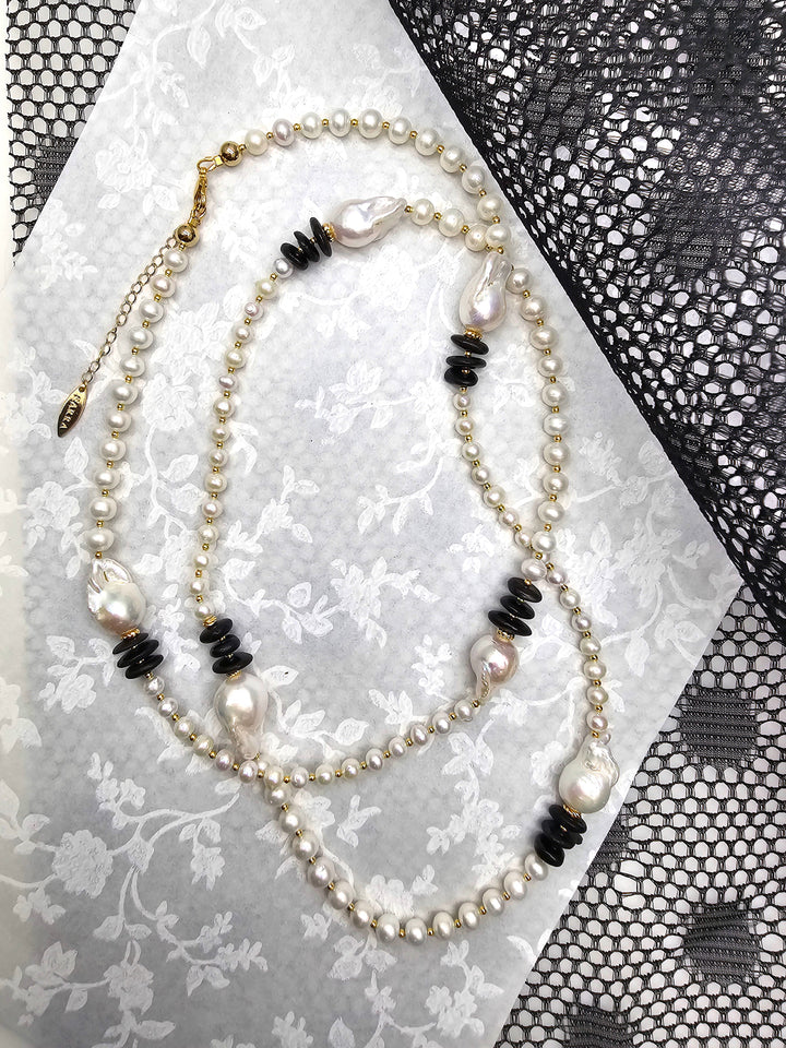Baroque Pearls With Black Tourmaline Long Necklace QN041