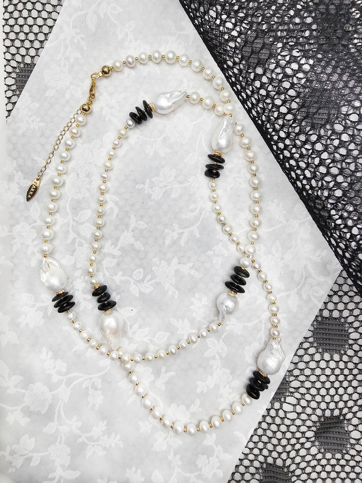 Baroque Pearls With Black Tourmaline Long Necklace QN041