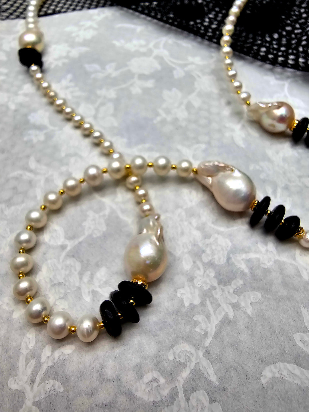 Baroque Pearls With Black Tourmaline Long Necklace QN041