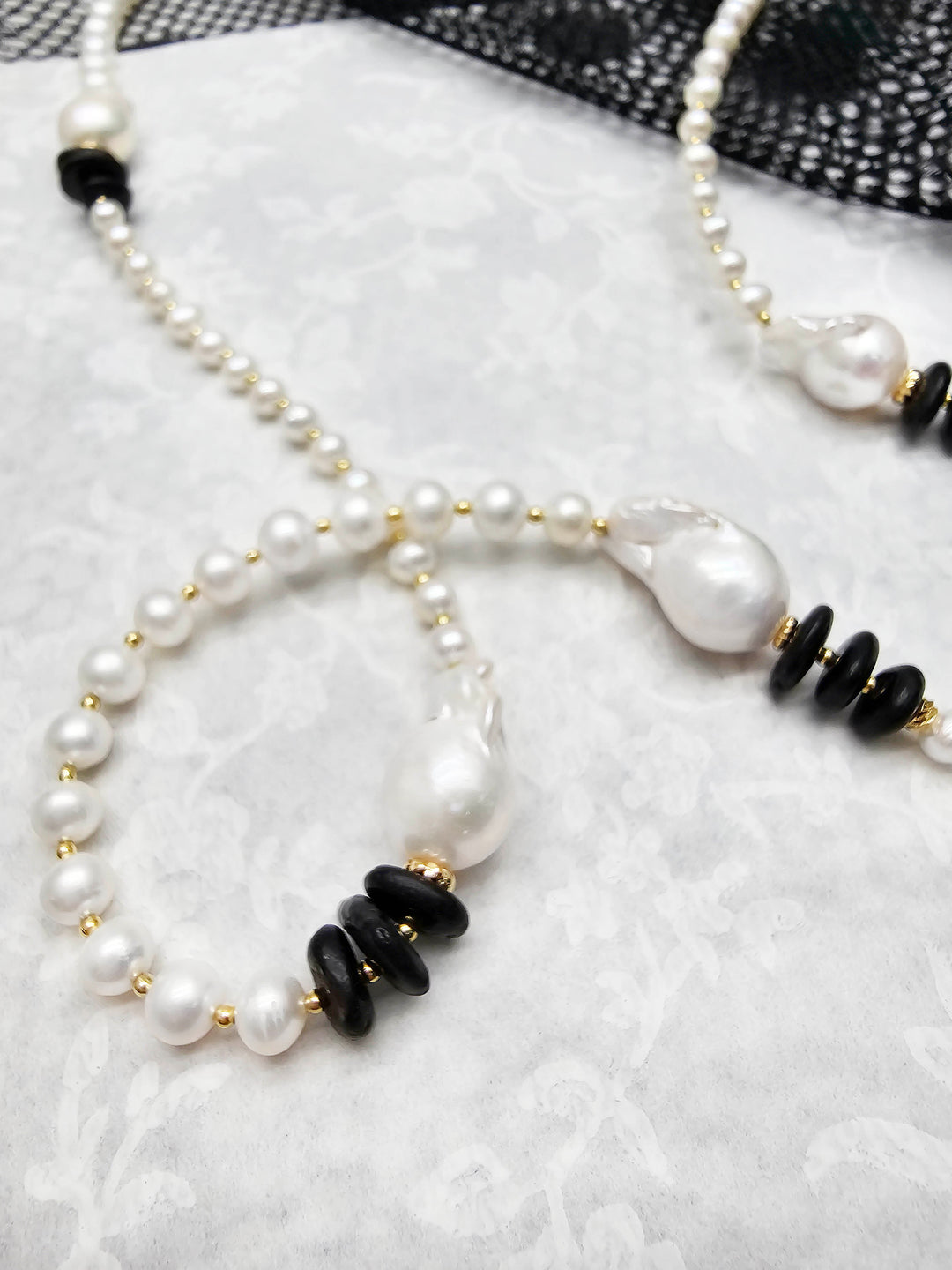 Baroque Pearls With Black Tourmaline Long Necklace QN041