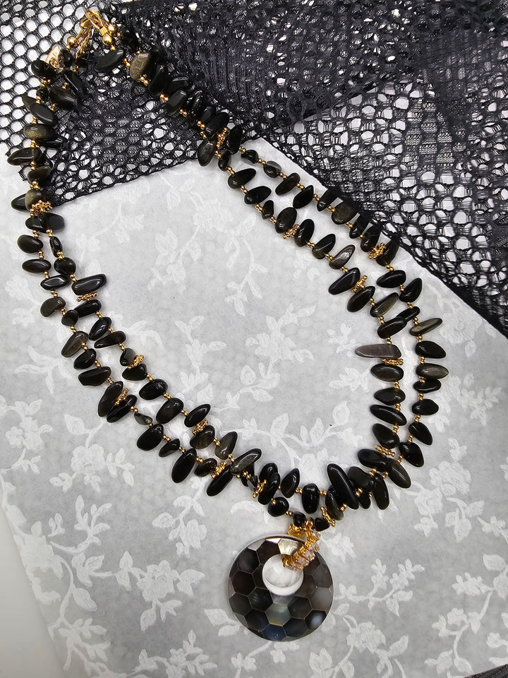 Black Obsidian With Shell Pendant Classical Necklace QN040